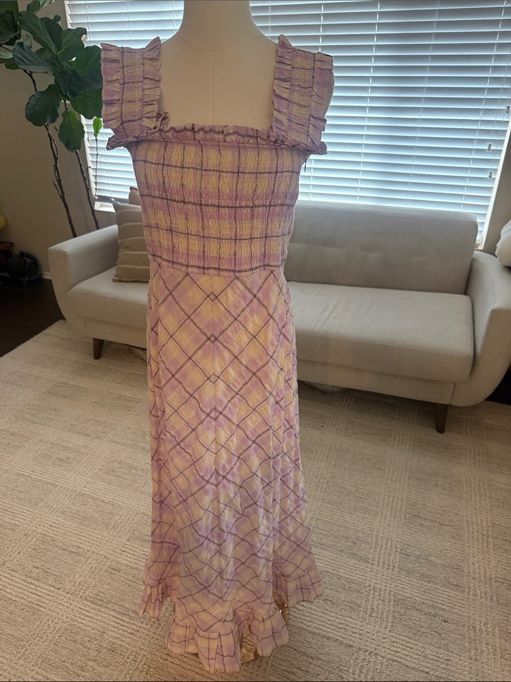 Ganni Lavender and Yellow Tie-Dye Smocked Maxi Dress